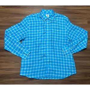 Johnnie-O Hangin Out Mens Blue Plaid Linen Lyocell Button Down Shirt Sz XL